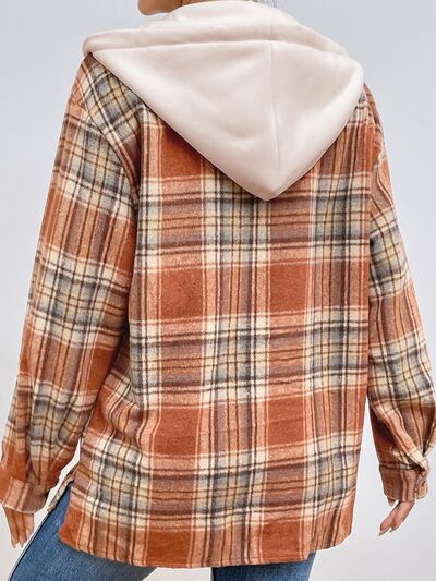 Plaid Button Up Drawstring Hooded Jacket - TRENDMELO