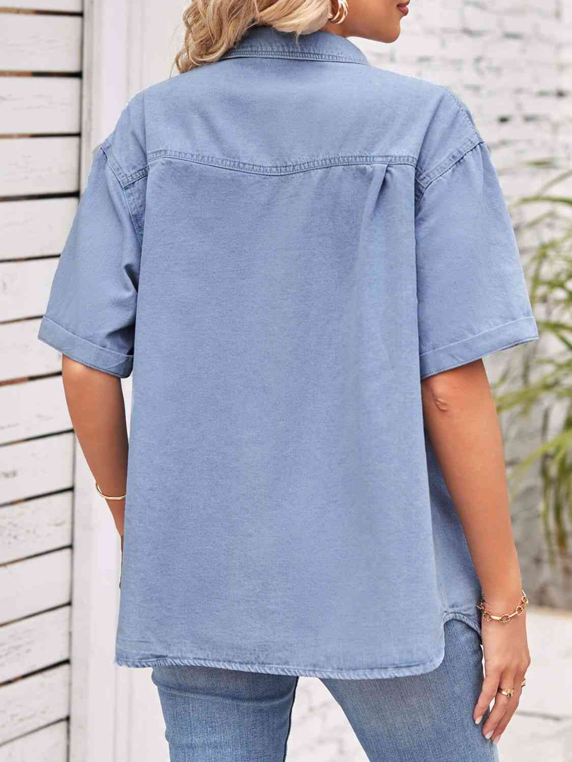 Collared Neck Short Sleeve Denim Jacket - TRENDMELO