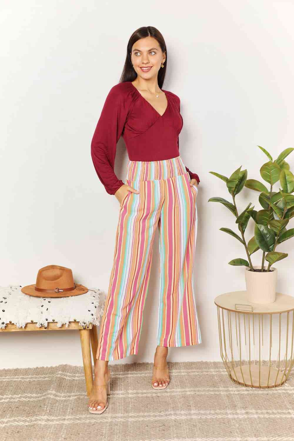 Double Take Striped Smocked Waist Pants with Pockets - TRENDMELO