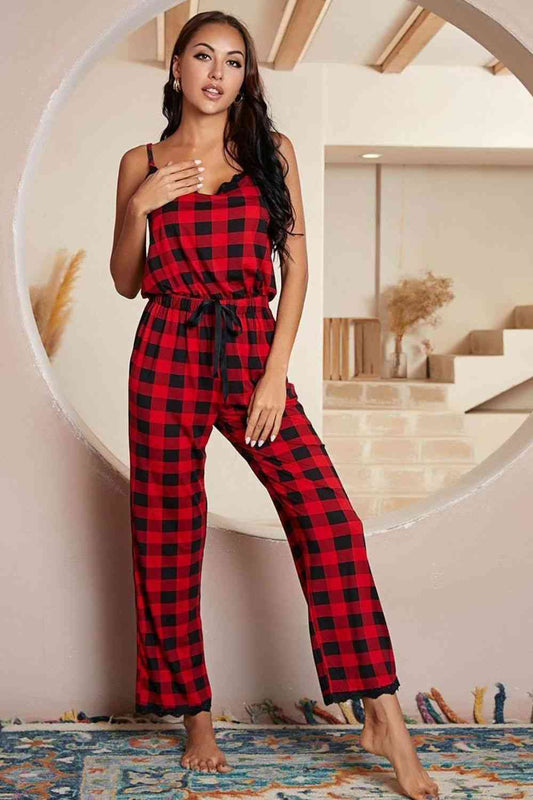 Plaid Lace Trim Spaghetti Strap Jumpsuit - TRENDMELO