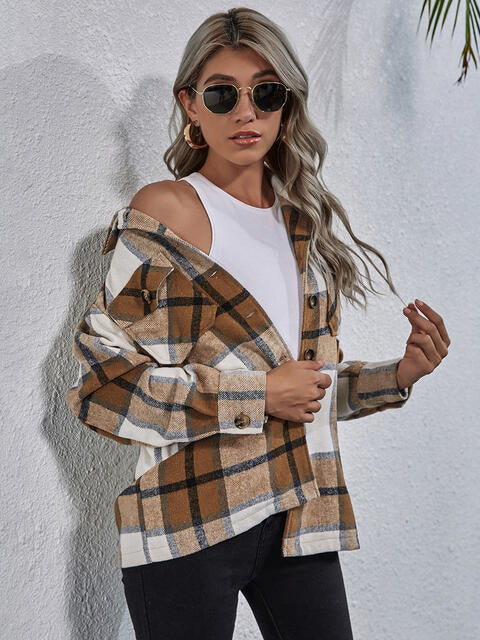 Plaid Button Down Collared Jacket - TRENDMELO