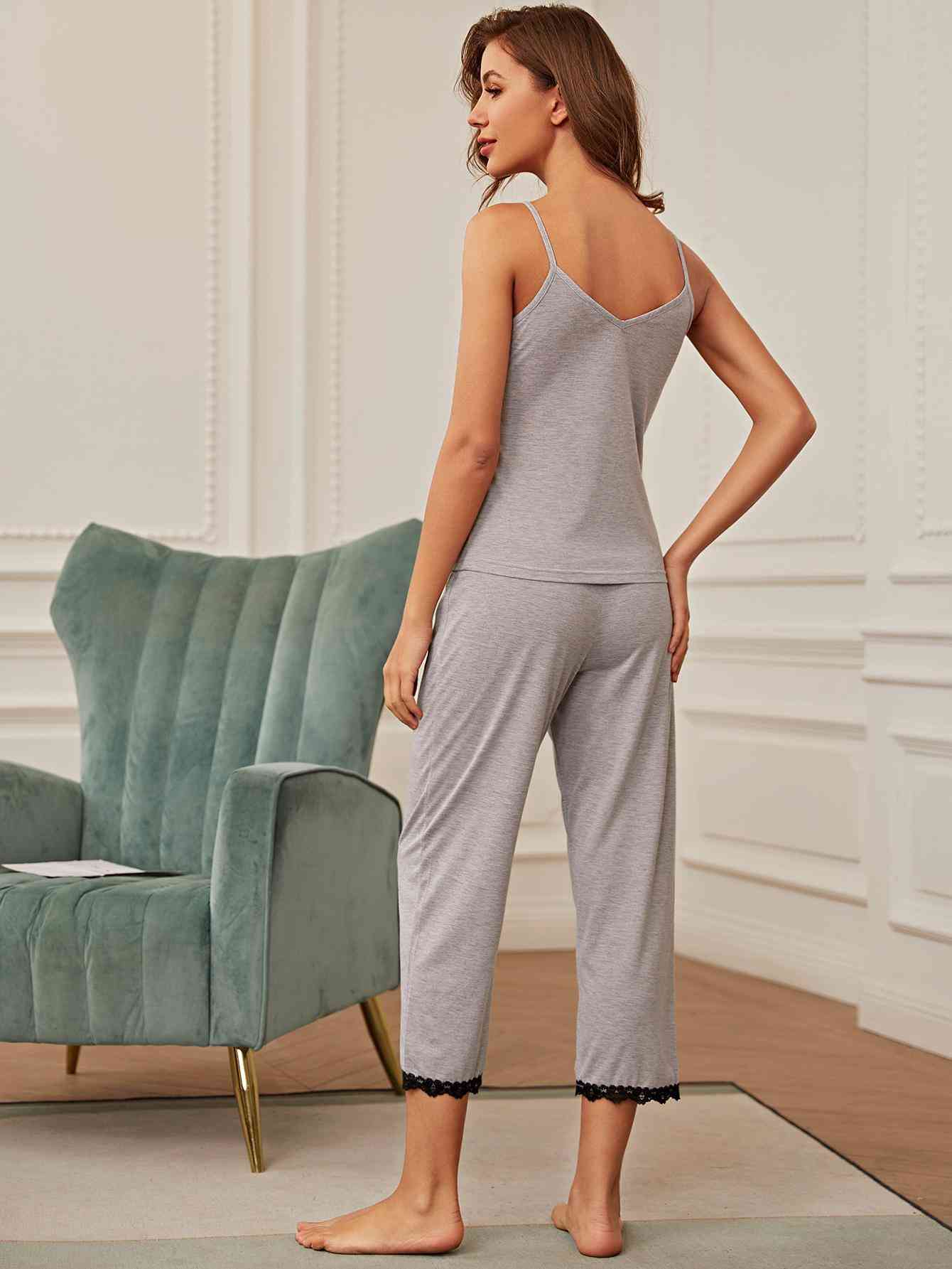 V-Neck Lace Trim Slit Cami and Pants Pajama Set - TRENDMELO