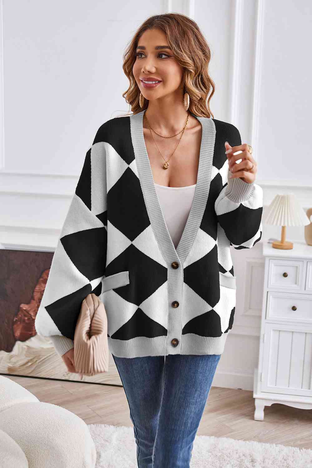 Geometric Lantern Sleeve Cardigan with Pockets - TRENDMELO