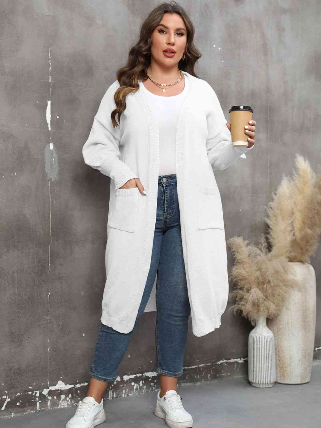 Plus Size Long Sleeve Pocketed Cardigan - TRENDMELO