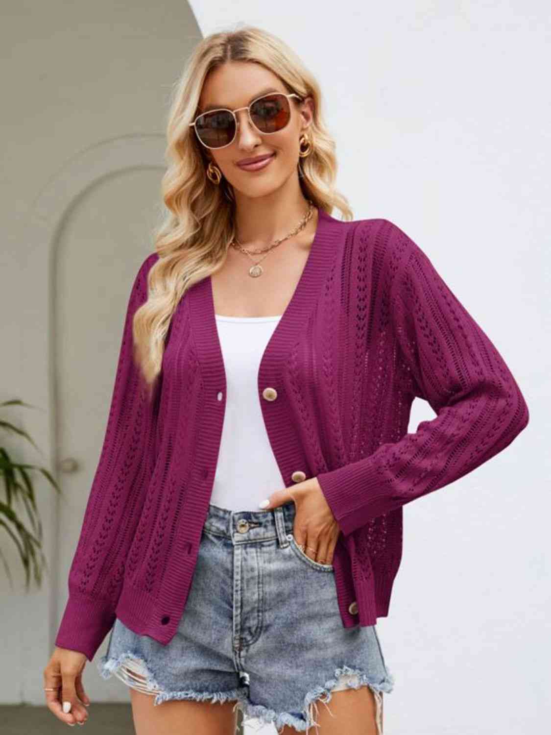 Button Down Ribbed Trim Cardigan - TRENDMELO