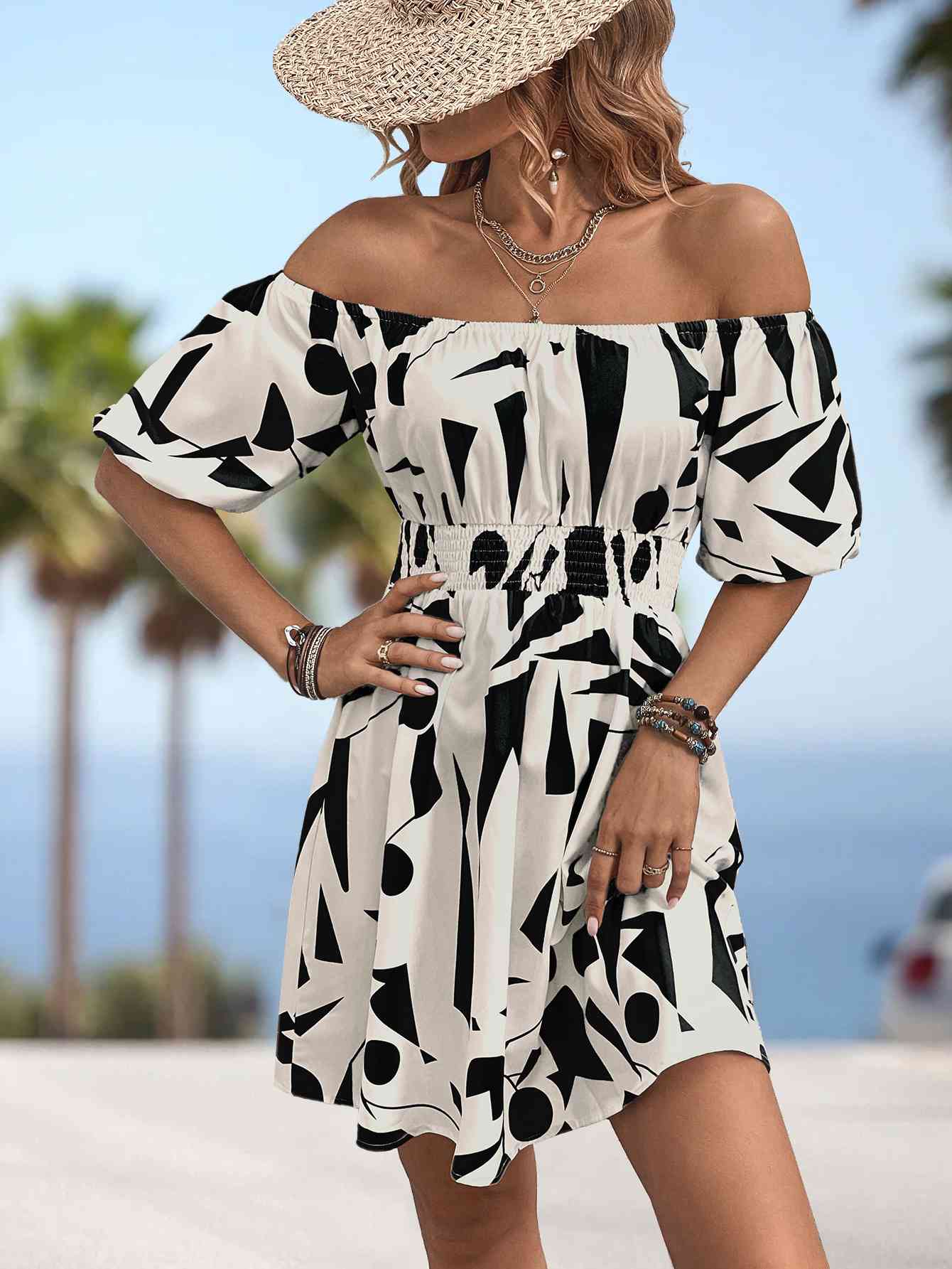 Printed Off-Shoulder Smocked Waist Dress - TRENDMELO