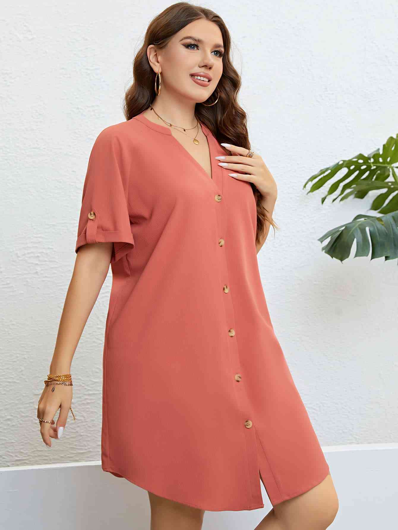 Plus Size Buttoned Notched Neck Shift Dress - TRENDMELO