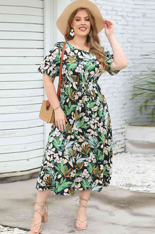 Plus Size Floral Short Sleeve Round Neck Dress - TRENDMELO