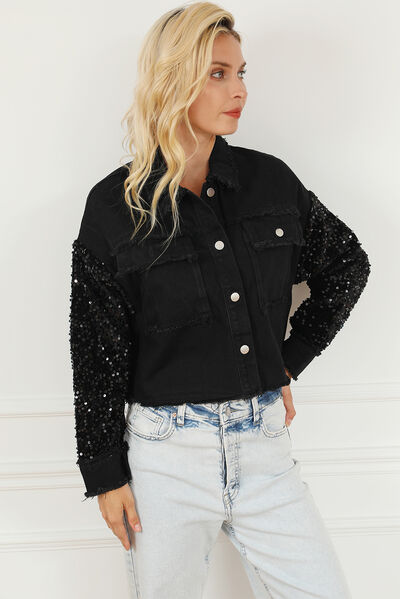 Sequin Button Up Raw Hem Denim Jacket - TRENDMELO