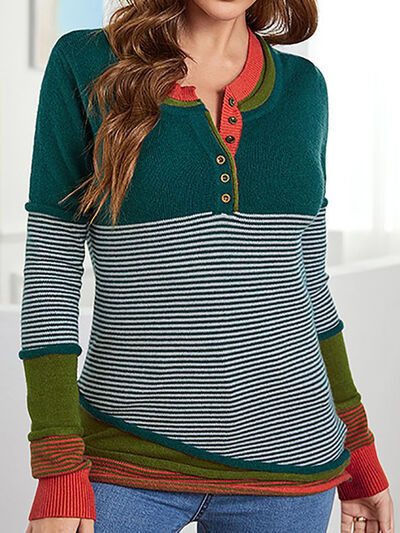 Striped Contrast Notched Long Sleeve Sweater - TRENDMELO