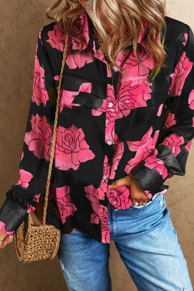 Flower Collared Neck Long Sleeve Shirt - TRENDMELO