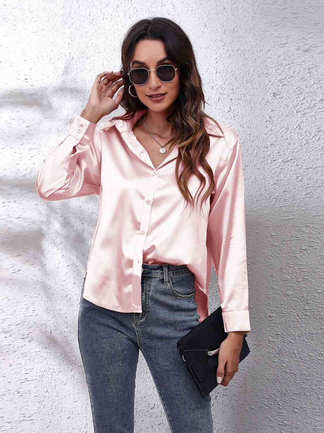 Collared Neck Buttoned Long Sleeve Shirt - TRENDMELO