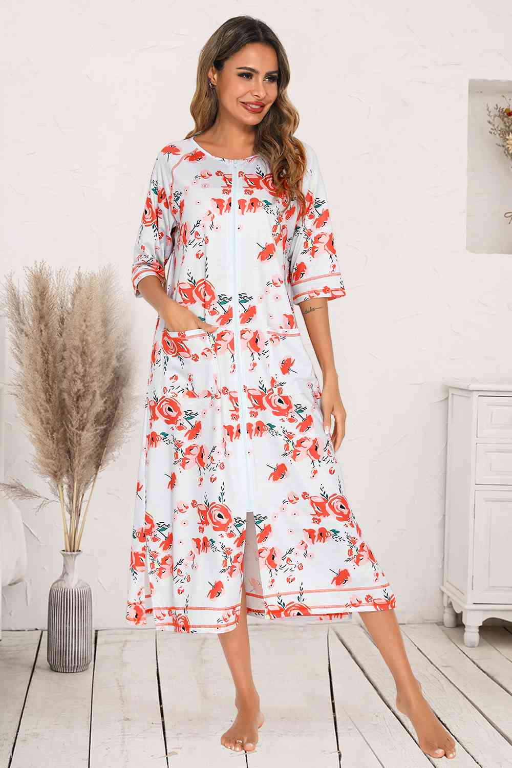 Printed Slit Night Dress with Pockets - TRENDMELO