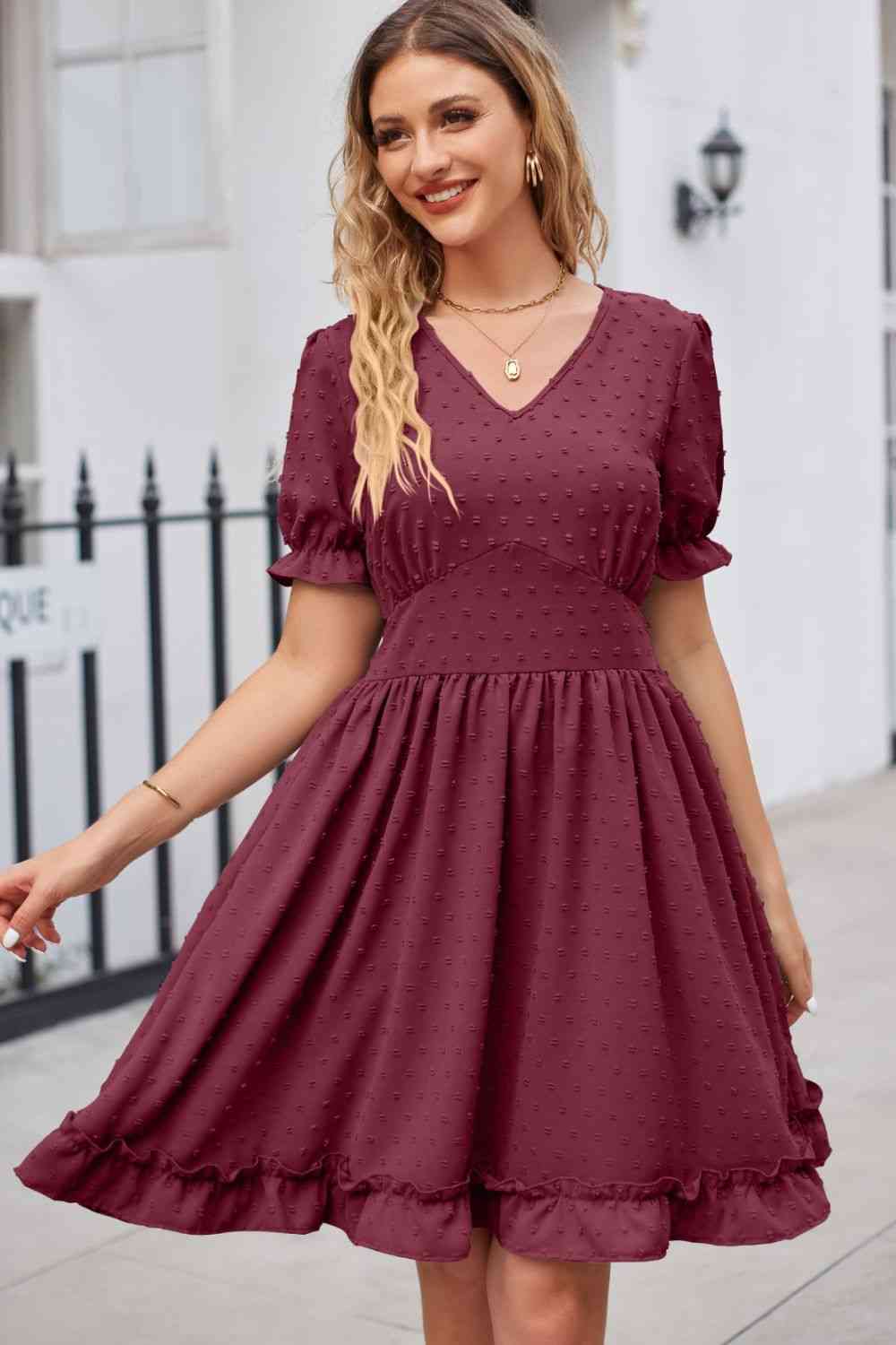 Swiss Dot Frill Trim Flounce Sleeve V-Neck Dress - TRENDMELO