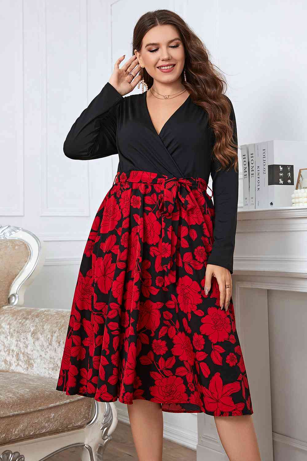 Plus Size Floral Surplice Neck Long Sleeve Dress - TRENDMELO