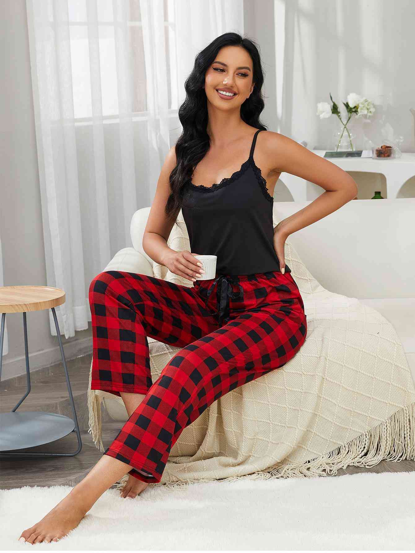 Lace Trim Cami and Plaid Pants Lounge Set - TRENDMELO