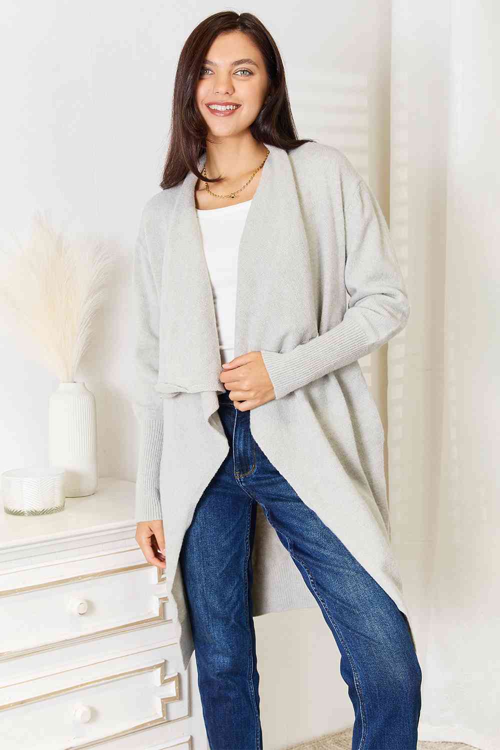 Double Take Open Front Duster Cardigan with Pockets - TRENDMELO