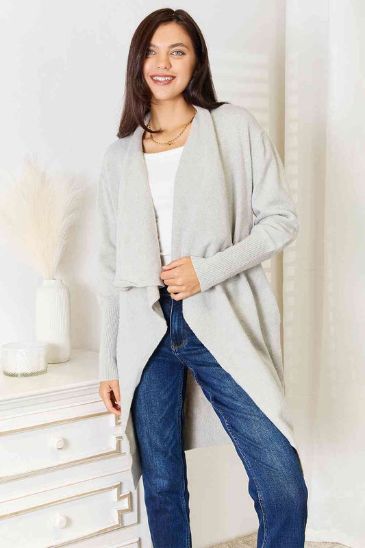 Double Take Open Front Duster Cardigan with Pockets - TRENDMELO