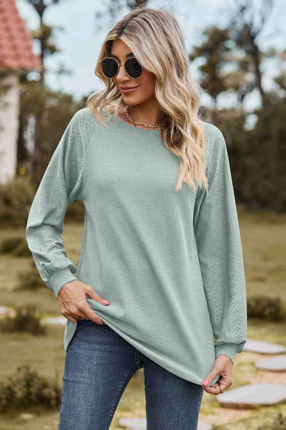 Round Neck Raglan Sleeve Sweatshirt - TRENDMELO