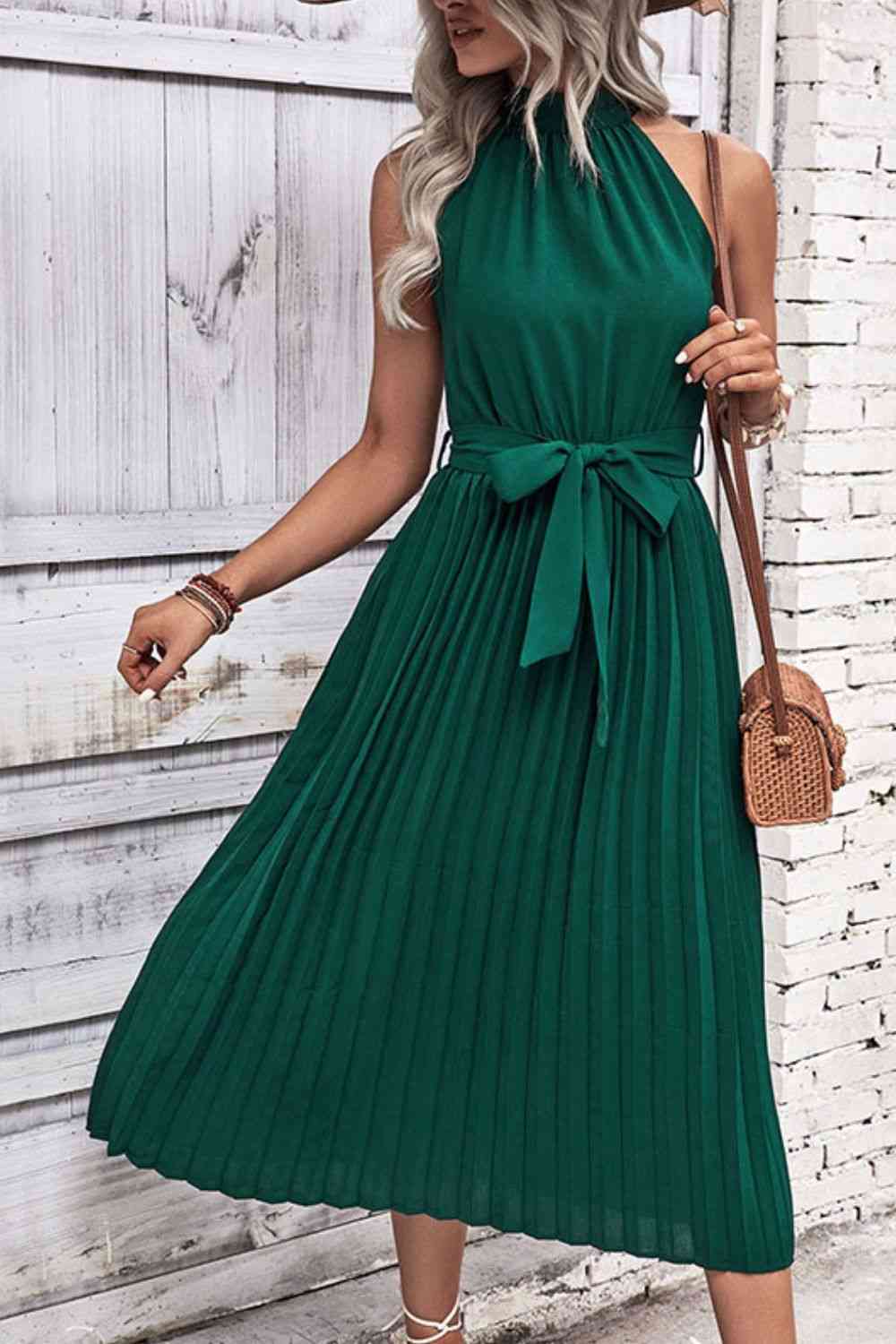 Tie Belt Pleated Midi Dress - TRENDMELO