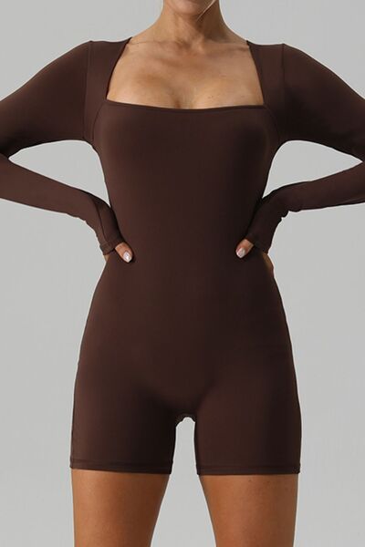 Square Neck Long Sleeve Active Romper - TRENDMELO