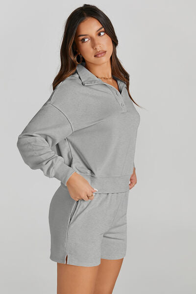 Half Button Sweatshirt and Shorts Active Set - TRENDMELO