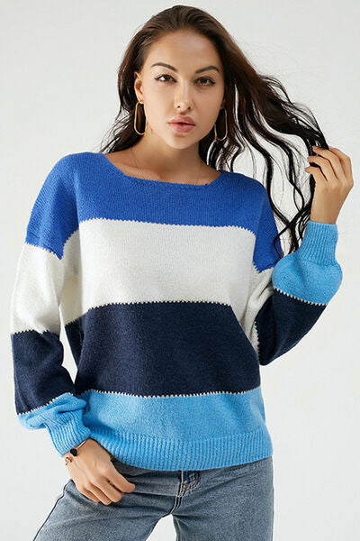 Color Block Dropped Shoulder Sweater - TRENDMELO