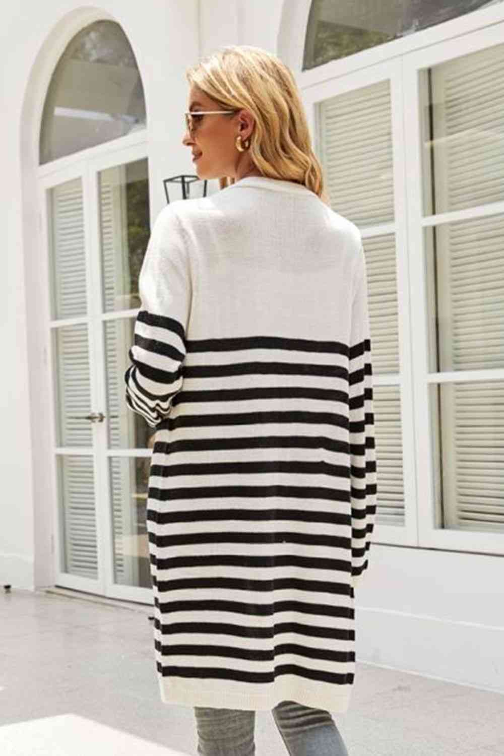 Striped Open Front Longline Cardigan - TRENDMELO