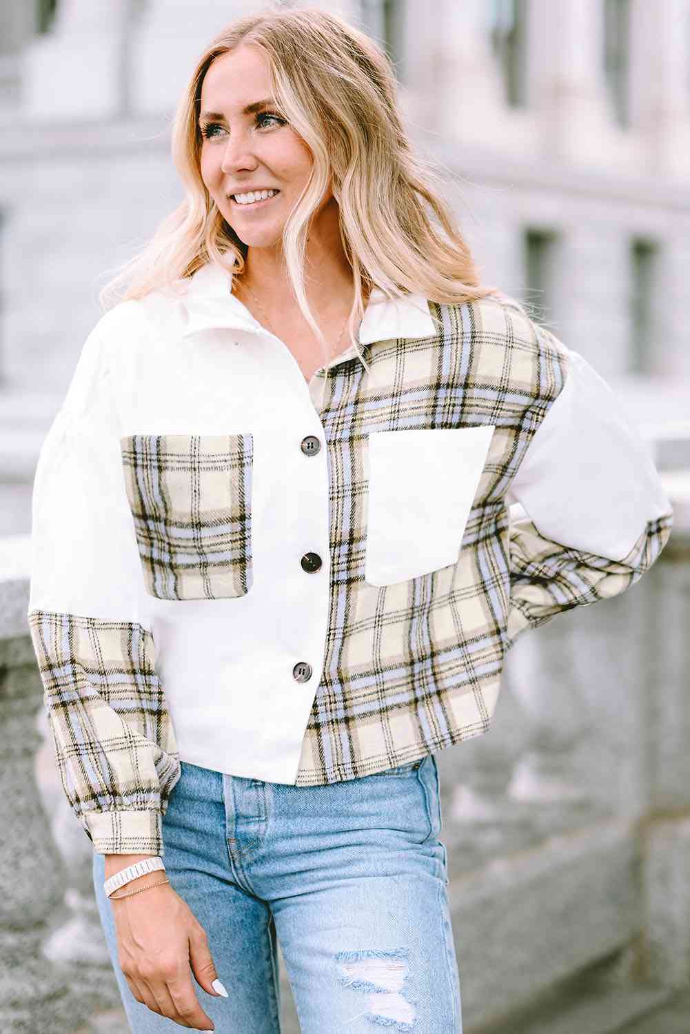 Plaid Collared Neck Button Down Jacket - TRENDMELO