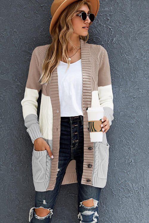 Cable Knit Button Up Long Sleeve Cardigan - TRENDMELO