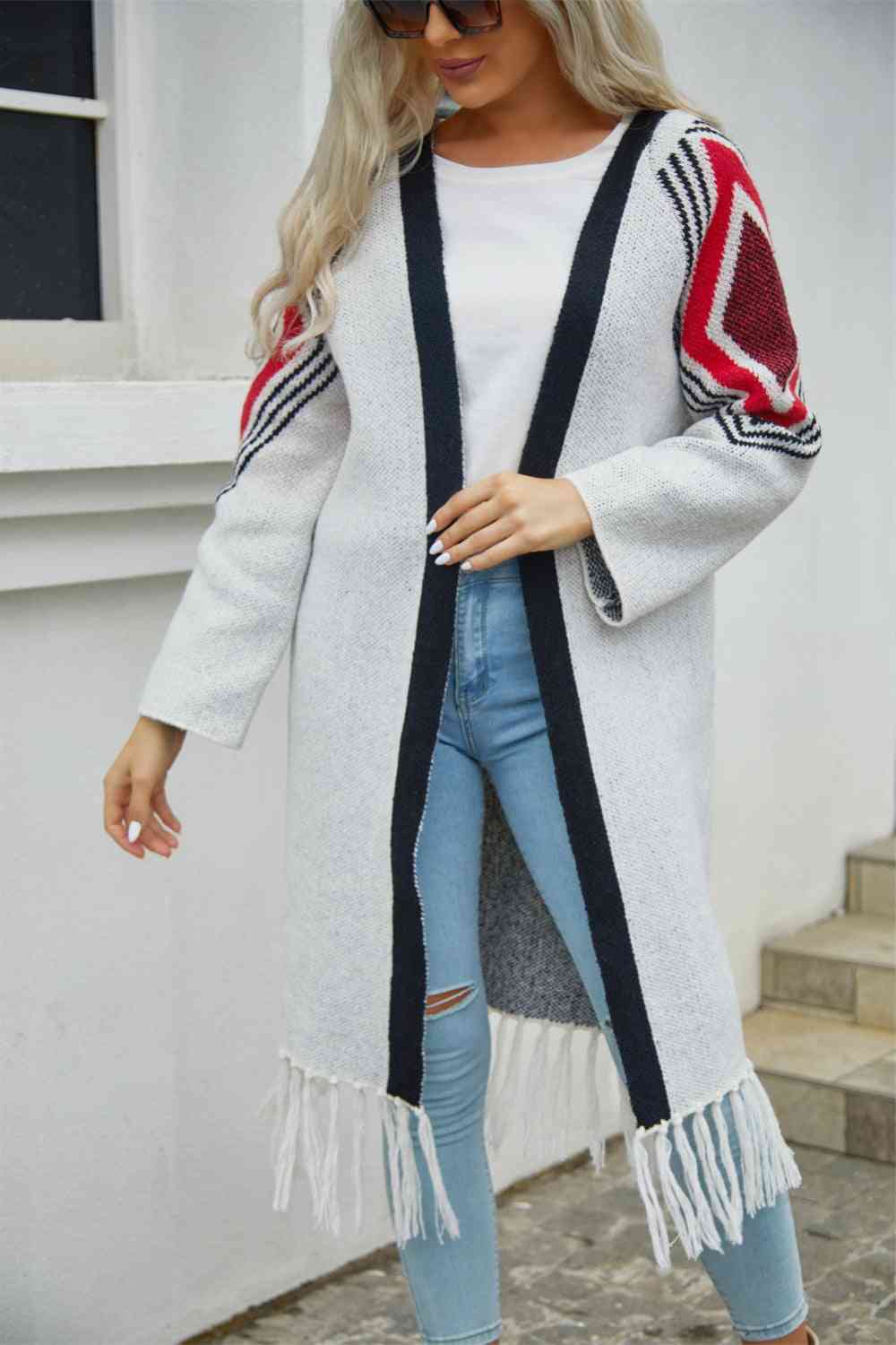 Double Take Geometric Fringe Hem Open Front Duster Cardigan - TRENDMELO