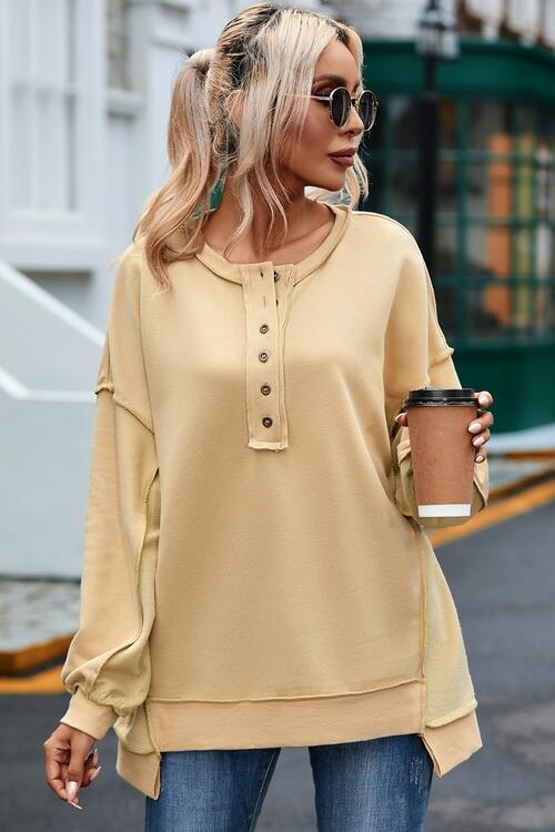 Buttoned Dropped Shoulder Sweatshirt - TRENDMELO