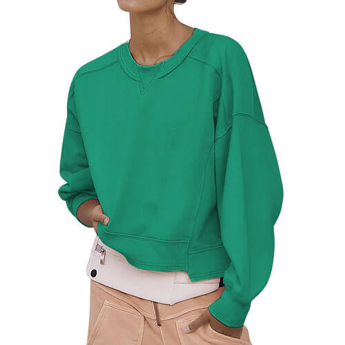 Round Neck Drop Shoulder Long Sleeve Sweatshirt - TRENDMELO