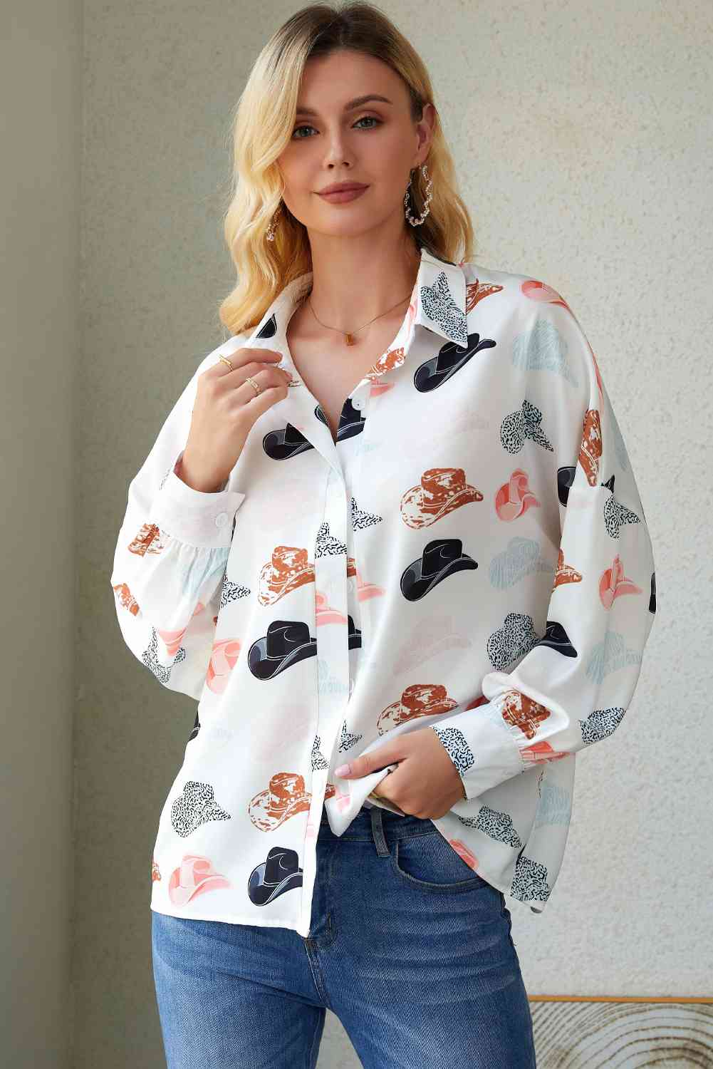 Hat Print Collared Neck Long Sleeve Shirt - TRENDMELO