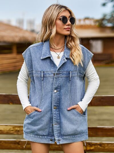 Button Up Collared Neck Sleeveless Denim Jacket - TRENDMELO