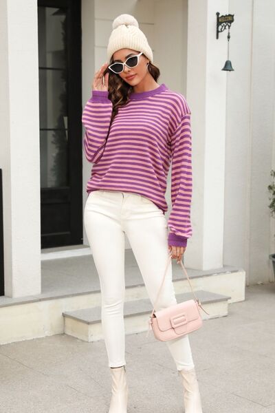 Striped Round Neck Dropped Shoulder Sweater - TRENDMELO