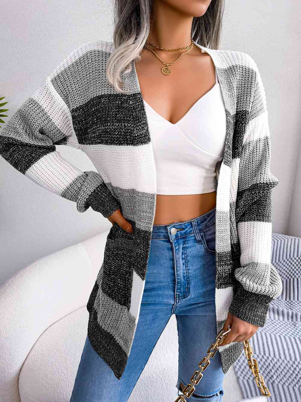 Striped Rib-Knit Open Front Longline Cardigan - TRENDMELO