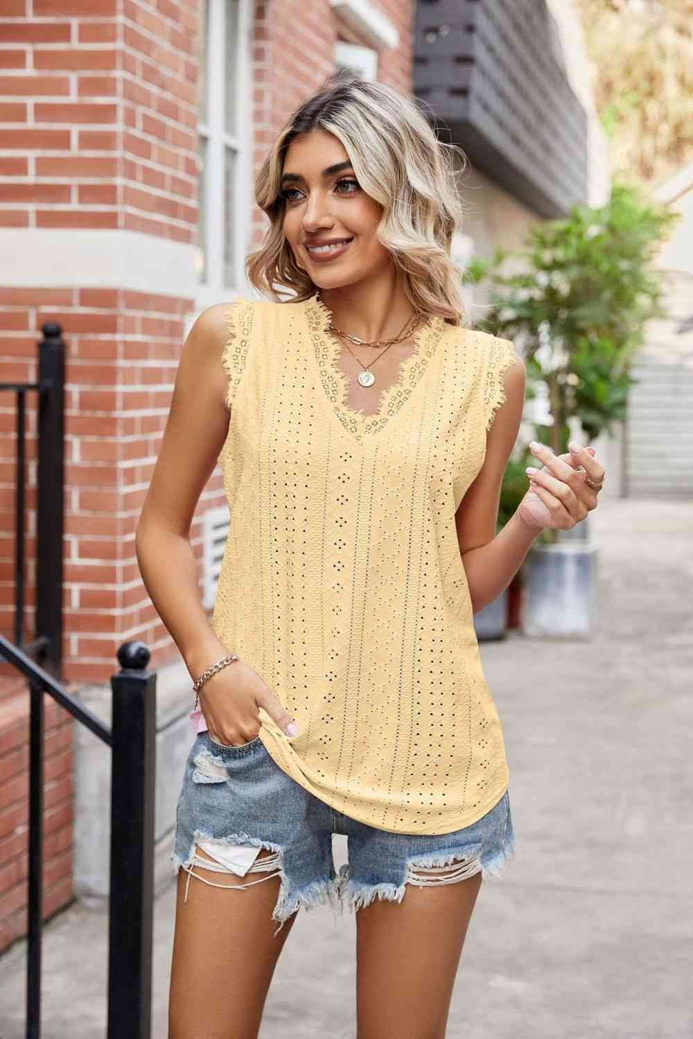 Eyelet Lace Trim Eyelash V-Neck Tank - TRENDMELO