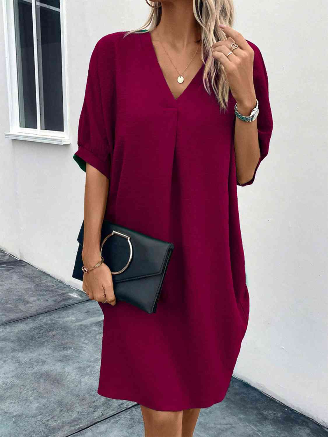 V-Neck Half Sleeve Dress - TRENDMELO