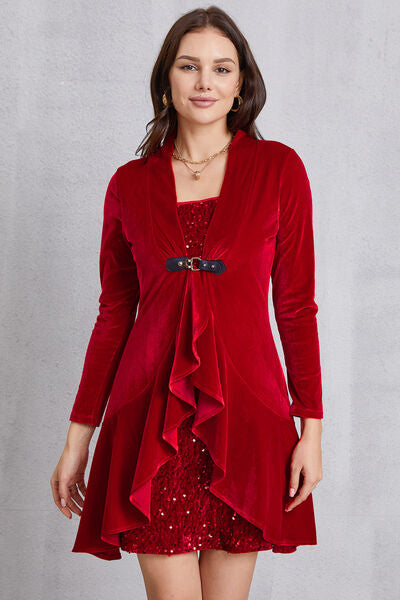 Sequin Ruffle Hem Long Sleeve Mini Dress - TRENDMELO