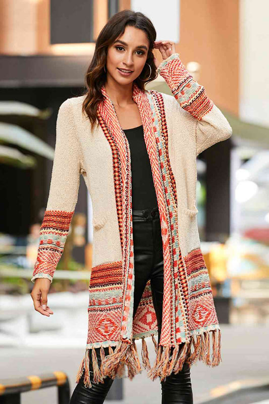 Multicolored Tassel Hem Open Front Cardigan - TRENDMELO