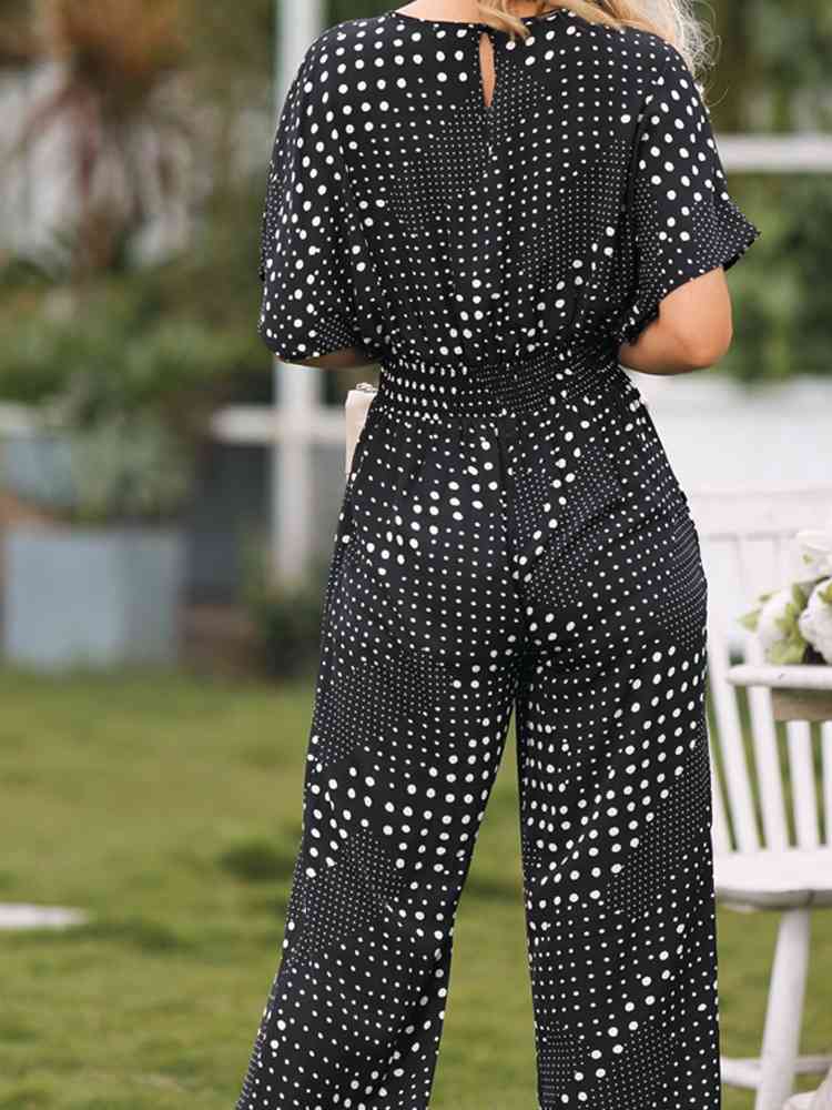 Polka Dot Surplice Neck Jumpsuit with Pockets - TRENDMELO