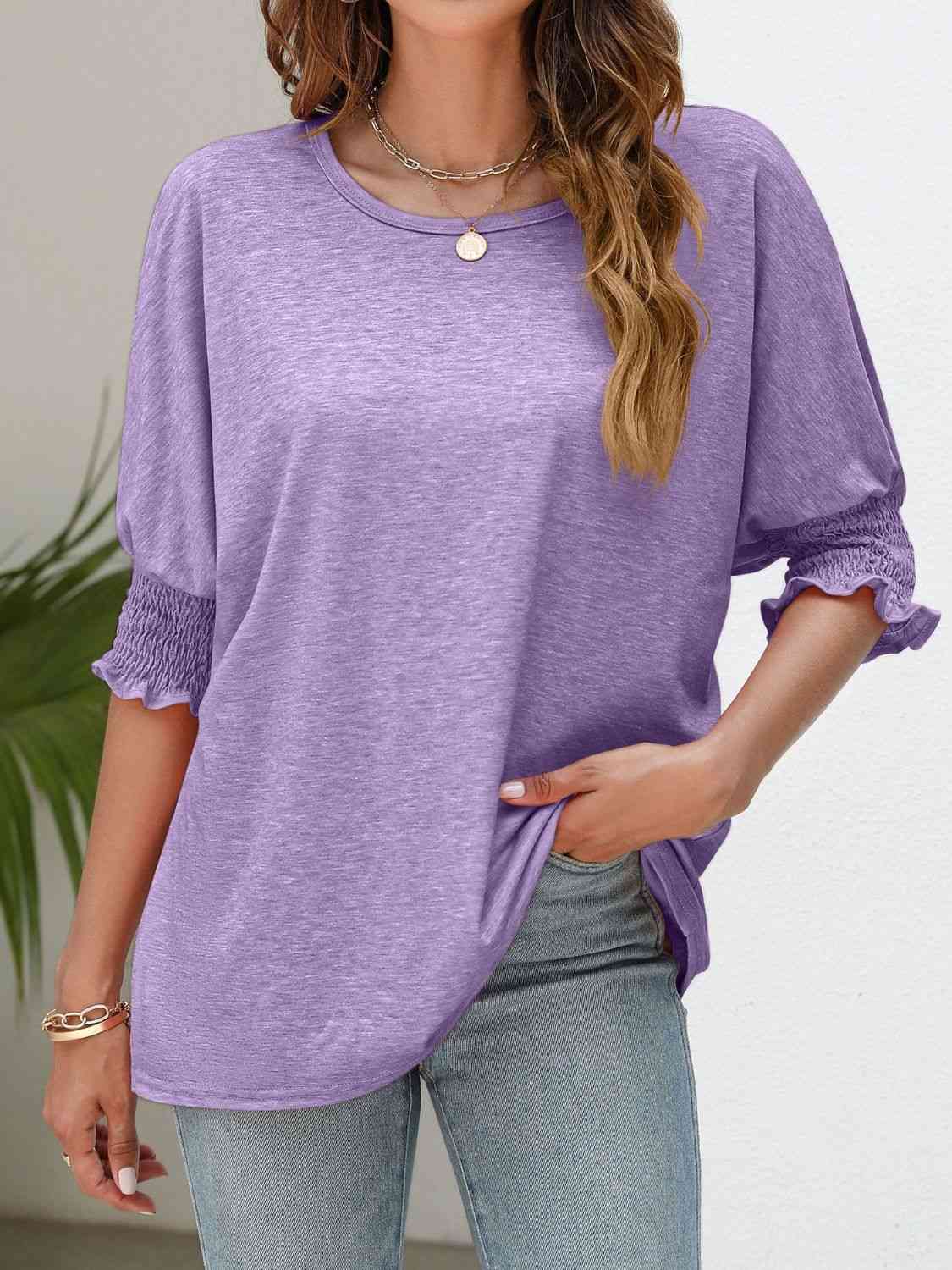 Smocked Flounce Sleeve Round Neck T-Shirt - TRENDMELO