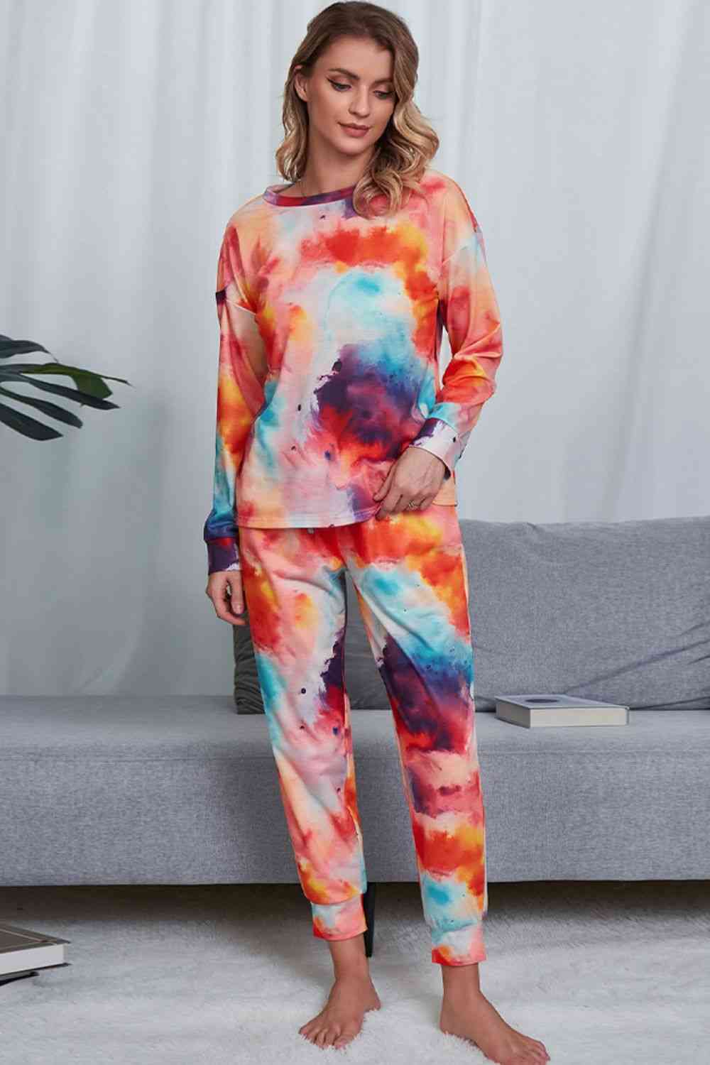 Tie-Dye Crewneck Top and Drawstring Waist Joggers Lounge Set - TRENDMELO