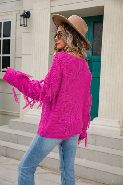 Fringe Round Neck Dropped Shoulder Sweater - TRENDMELO