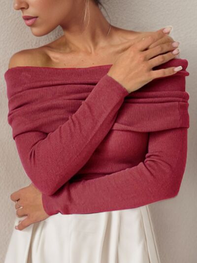 Off-Shoulder Long Sleeve Sweater - TRENDMELO