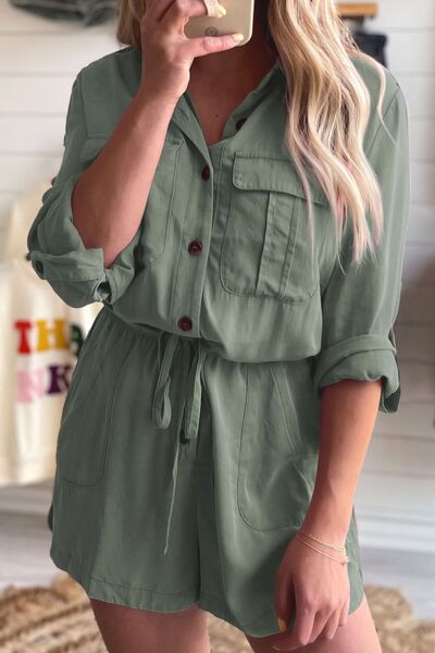 Collared Neck Drawstring Roll-Tab Sleeve Romper - TRENDMELO