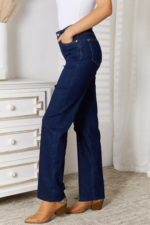 Judy Blue Full Size Raw Hem Straight Leg Jeans with Pockets - TRENDMELO