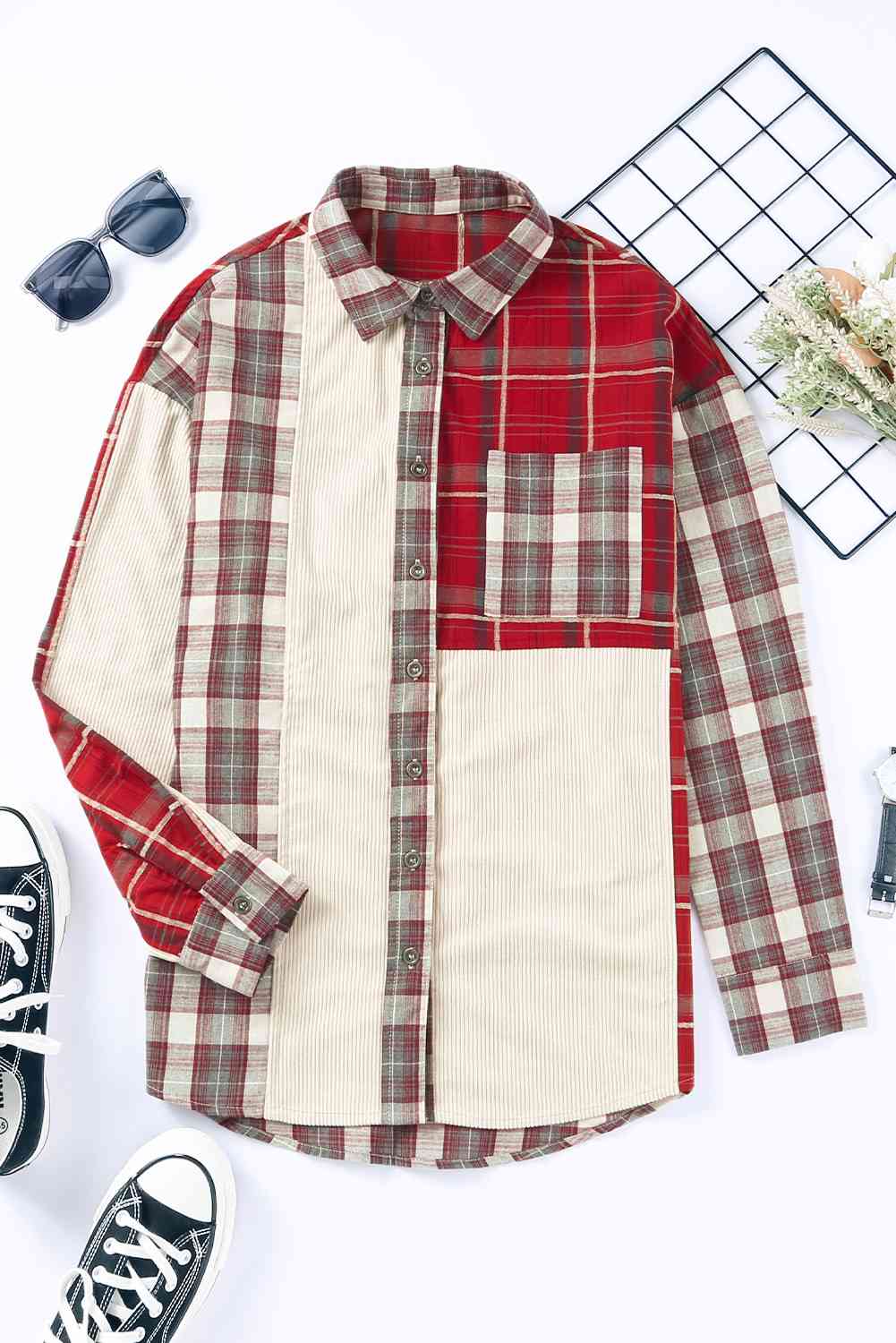 Plaid Collared Neck Buttoned Shirt with Pocket - TRENDMELO