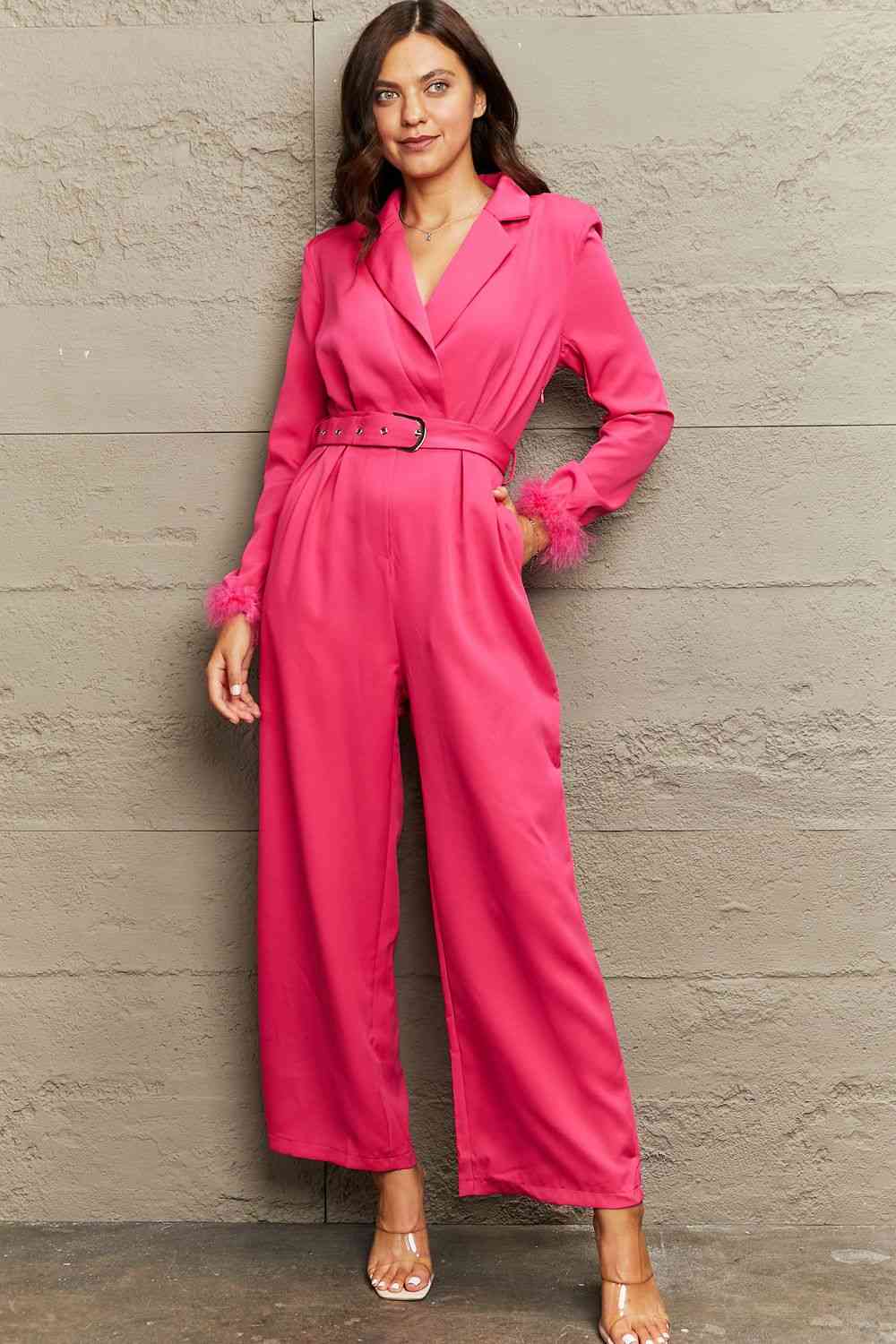 Lapel Collar Long Sleeve Jumpsuit - TRENDMELO